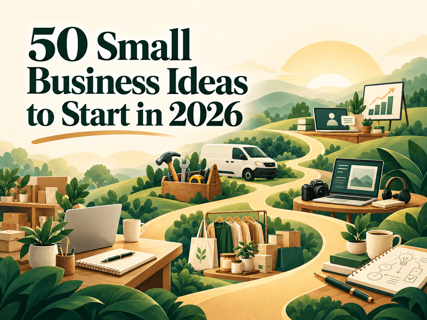 Illustration of a winding path past a workbench, a van, a market stall and a laptop desk.