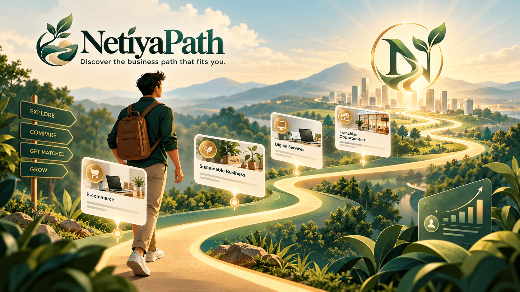 Illustration of a person with a backpack walking a winding path through green hills, past signposts for different kinds of business.